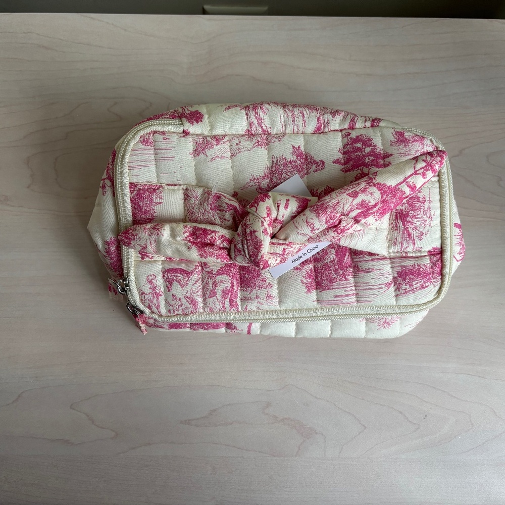 New Bow Toile- Like Pink and Creamy White Cosmetic Case